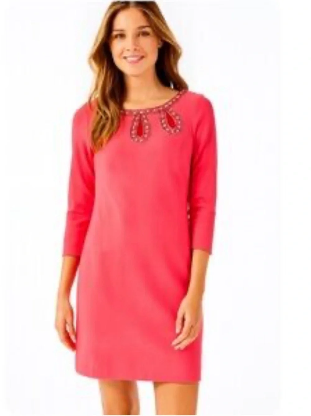 Lilly Pulitzer Bronte Shift Dress Scuba Beaded Jeweled Neckline Pink Azalea 10 - Picture 15 of 15